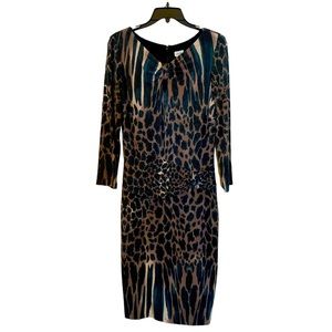 Caché Fully Lined Dress, Blue and Tan Animal Print Size XL